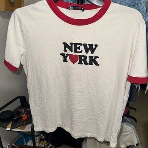 Zara White and Red New York T-Shirt Crop